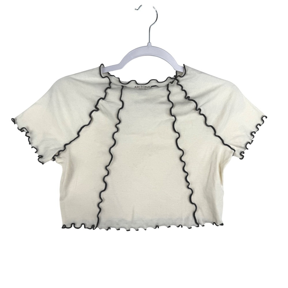 Arizona Jean Co Women Large Cream Contrast Lettuce Edge Ribbed Crop Top Baby Tee
